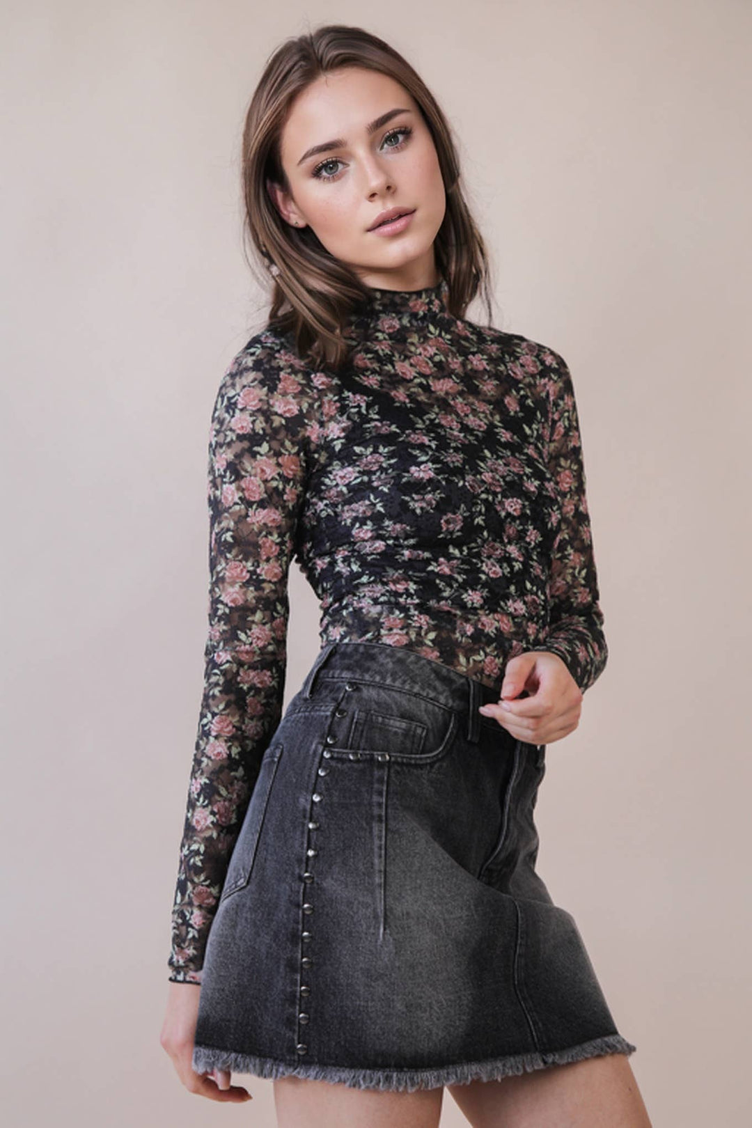 Very J Fitted Sheer Mesh Lace Top