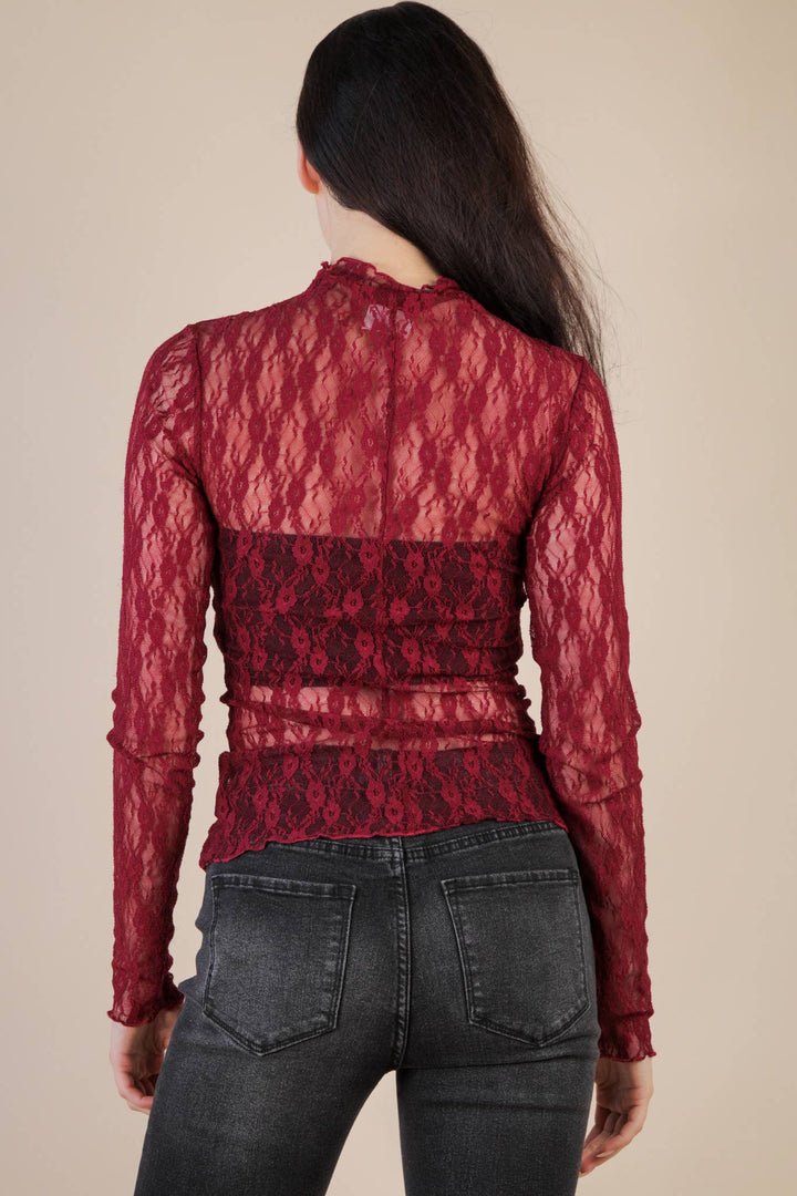Very J Fitted Sheer Mesh Lace Top