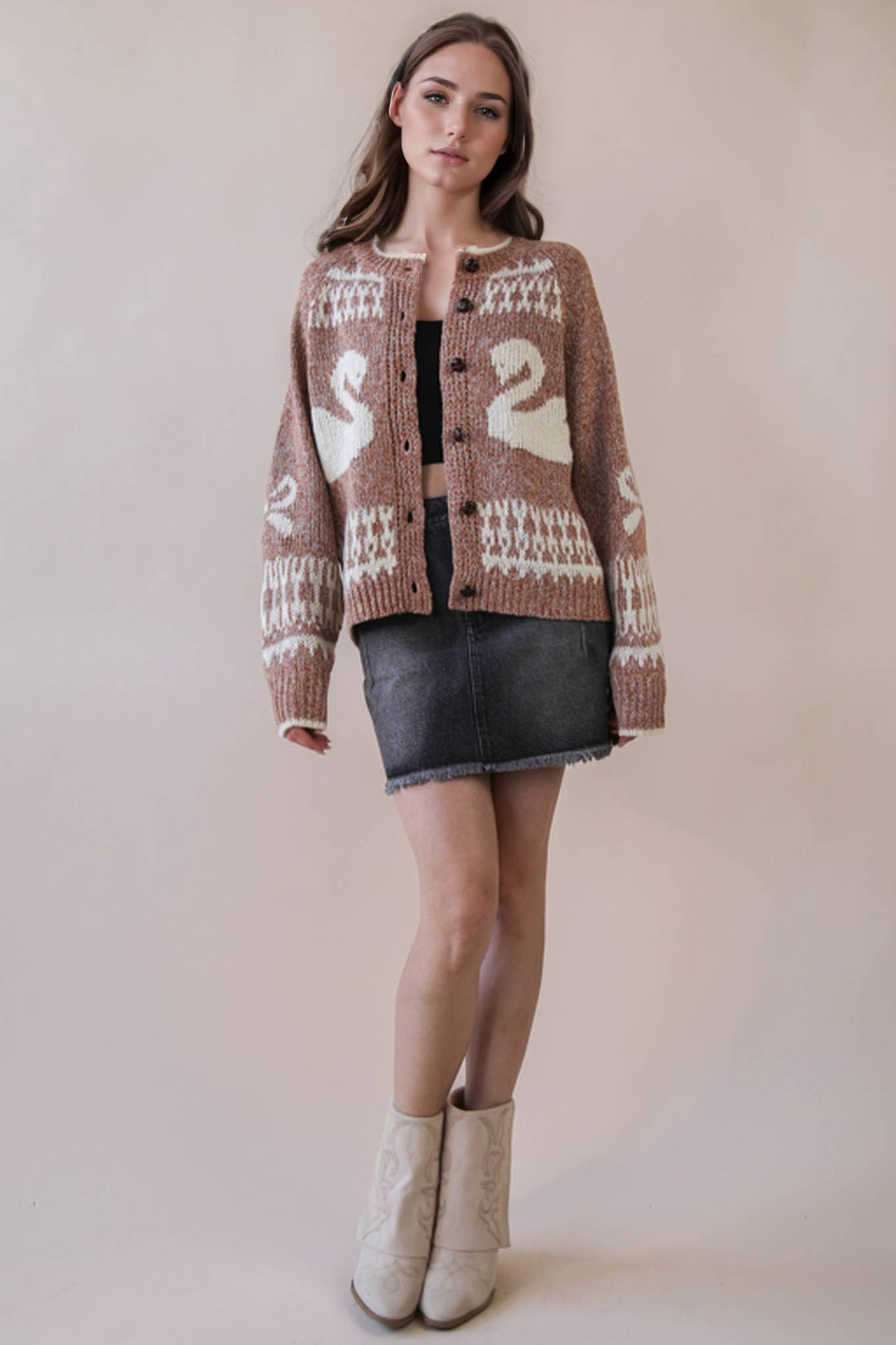 Very J Oversized Graphic Swan Sweater Cardigan