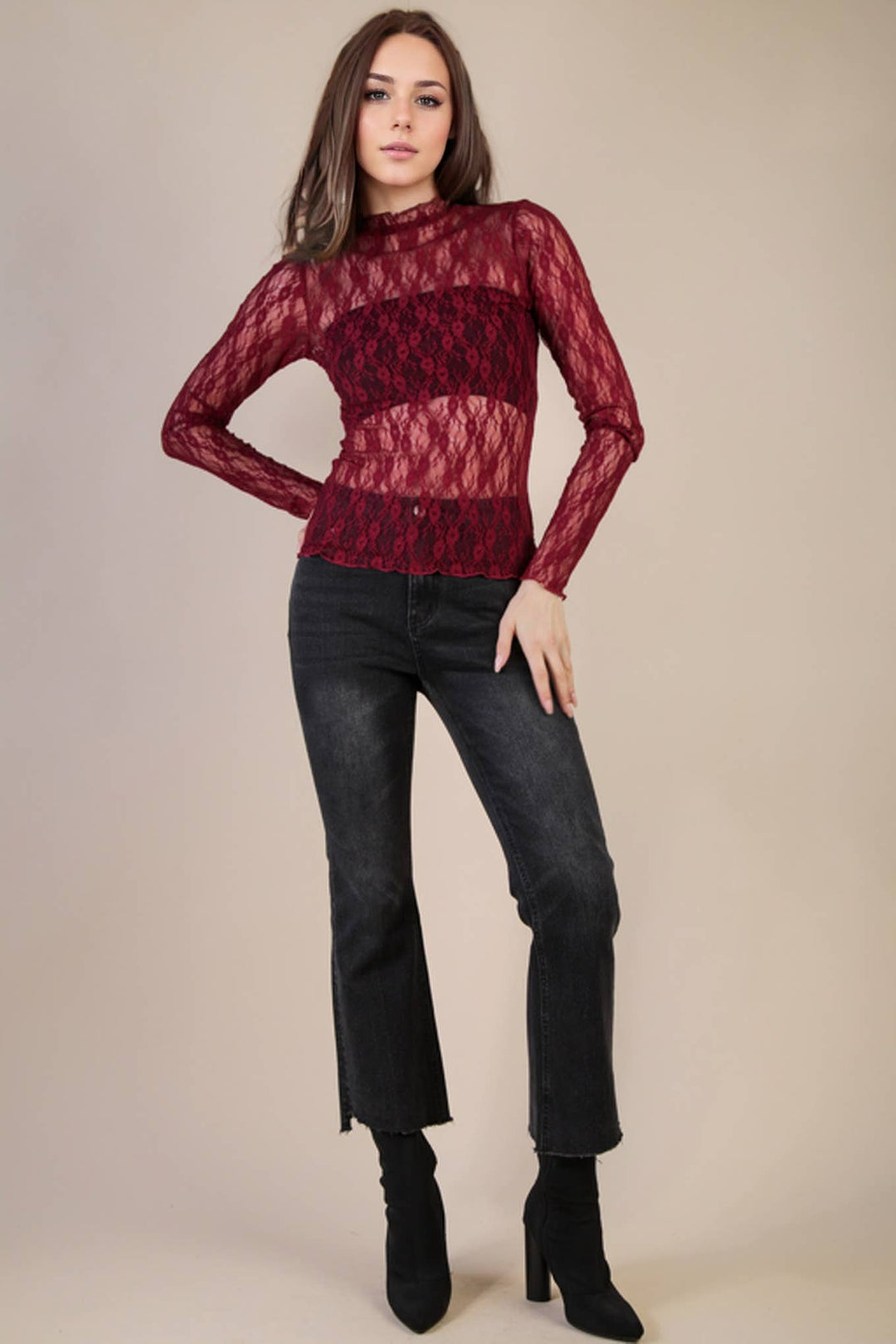 Very J Fitted Sheer Mesh Lace Top