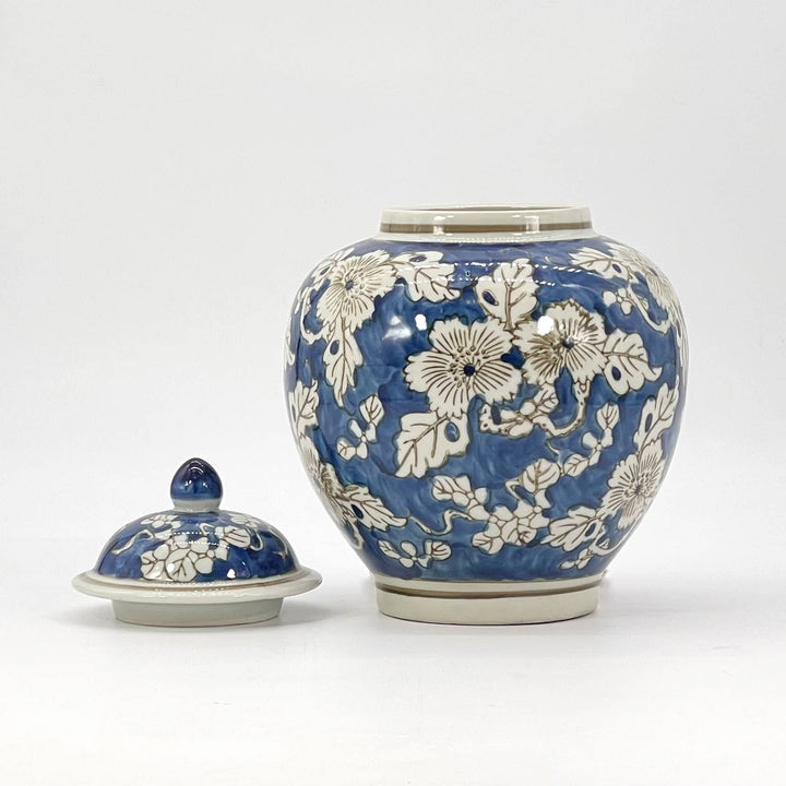 Blue & White Ceramic Chinoiserie Floral Jar 10"