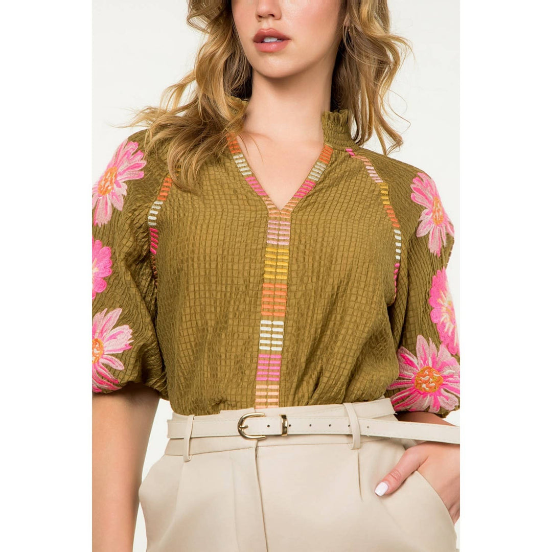 Embroidered Puff Sleeve Textured Floral Top