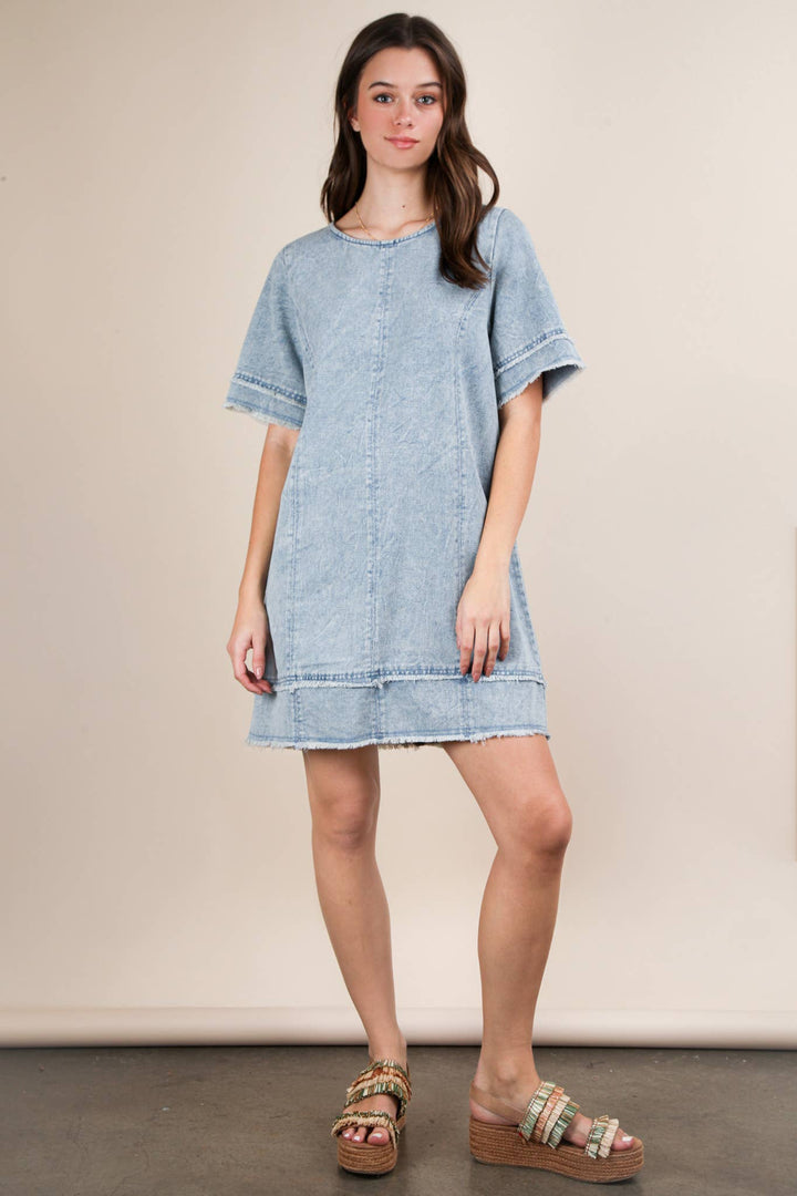 ND31576-Washed Denim Shift Mini Dress