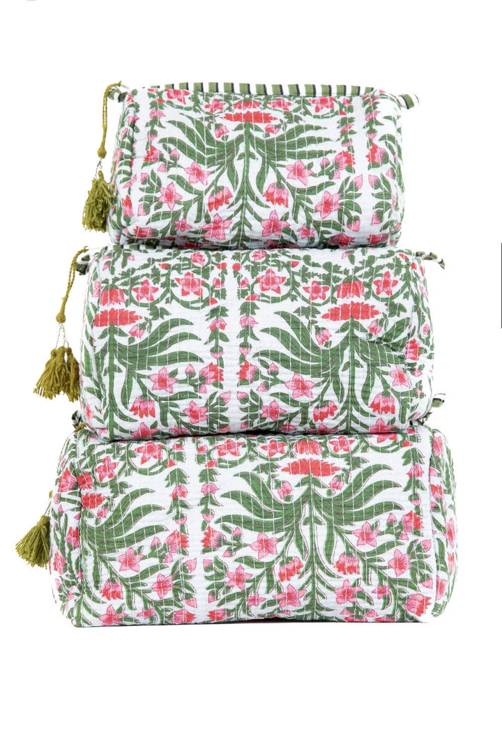Black Floral print Quilted Cotton Toiletry Bag Set
