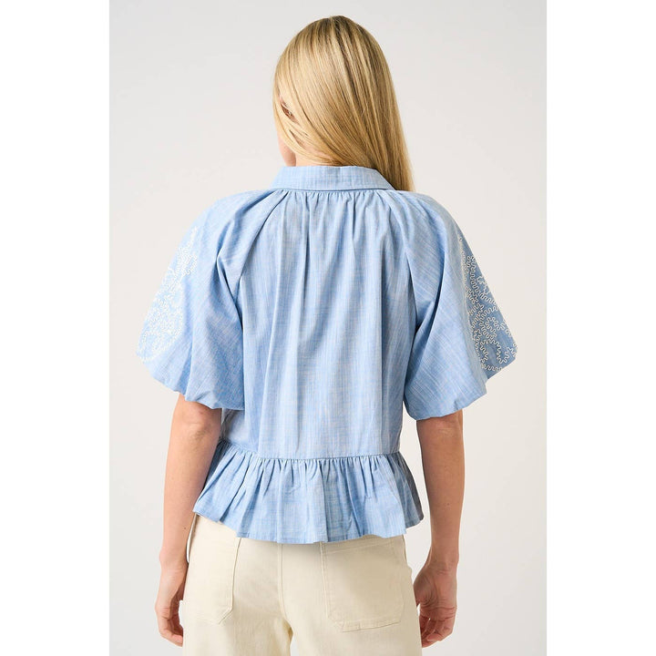 EMBROIDERY BUBBLE SLEEVE PEPLUM BUTTON DOWN SHIRT