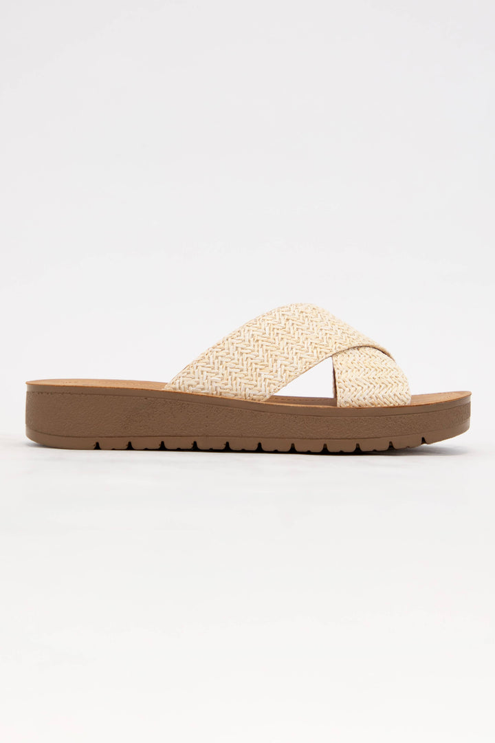 LUCY LIGHT-WEIGHT WEDGE PLATFORM CROSS STRAP SLIDE SANDAL