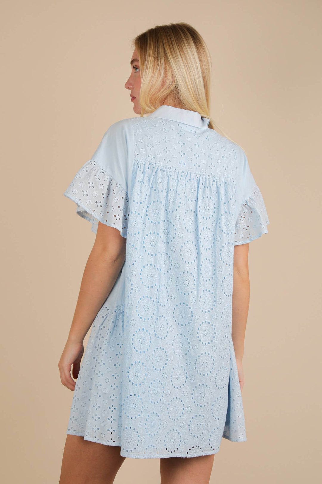 ND31658-Mixed Cotton Eyelet Lace Ruffled Mini Shirt Dress