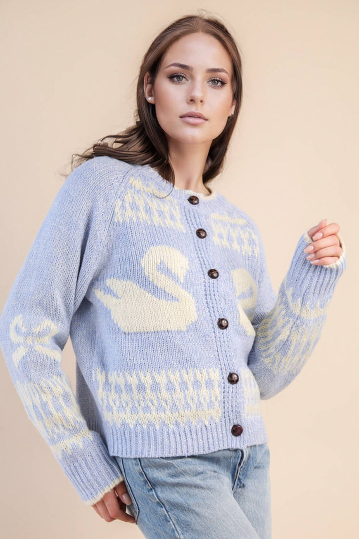 Very J Oversized Graphic Swan Sweater Cardigan