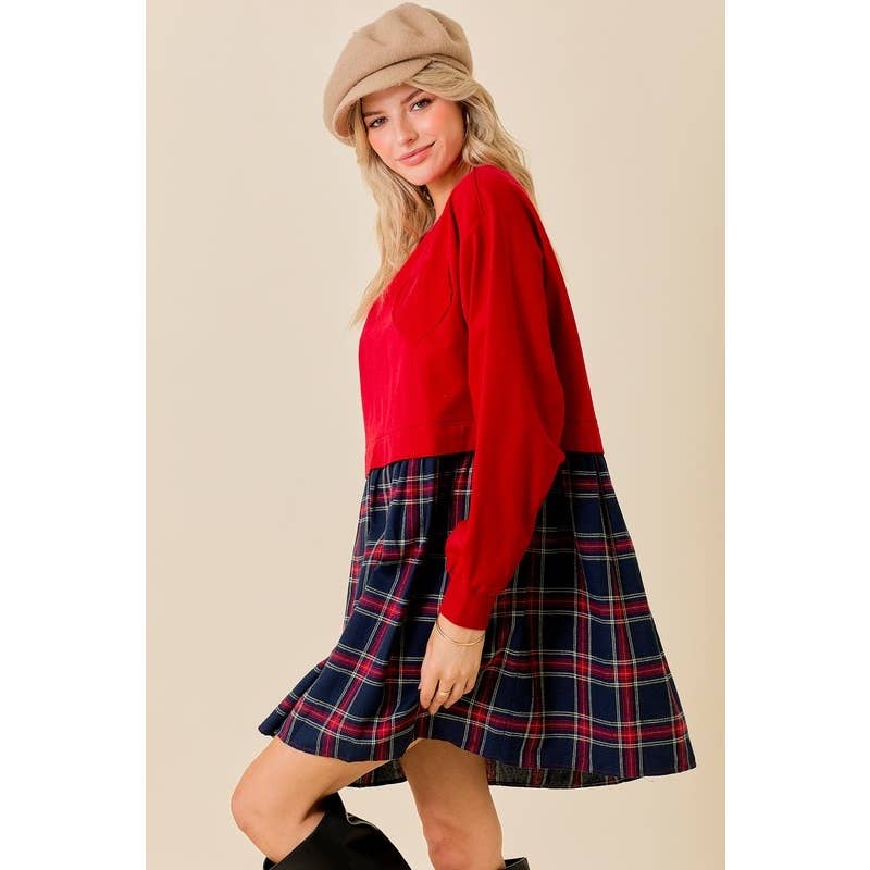 FRENCH TERRY PLAID MINI DRESS
