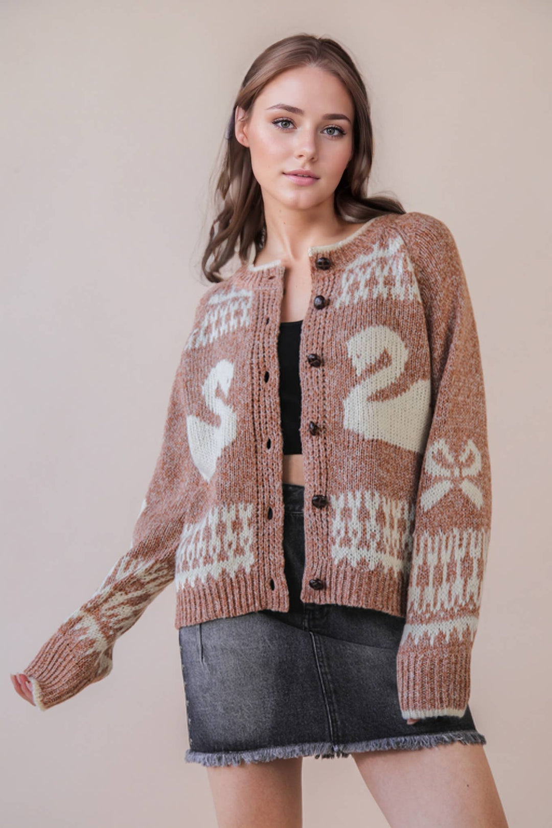 Very J Oversized Graphic Swan Sweater Cardigan