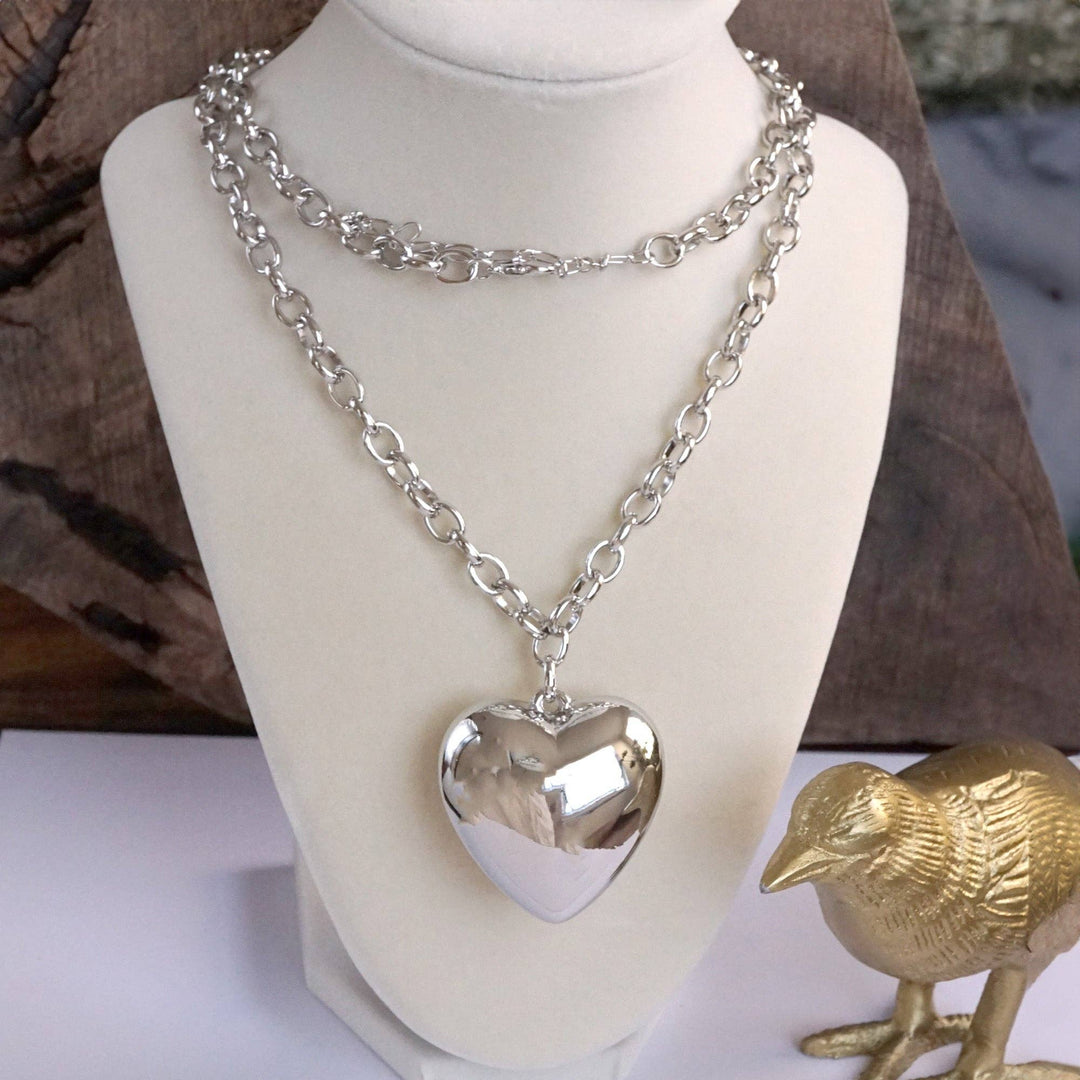 Long Minimal Chain Necklace with Puffy Heart – Gold or Silver Tone