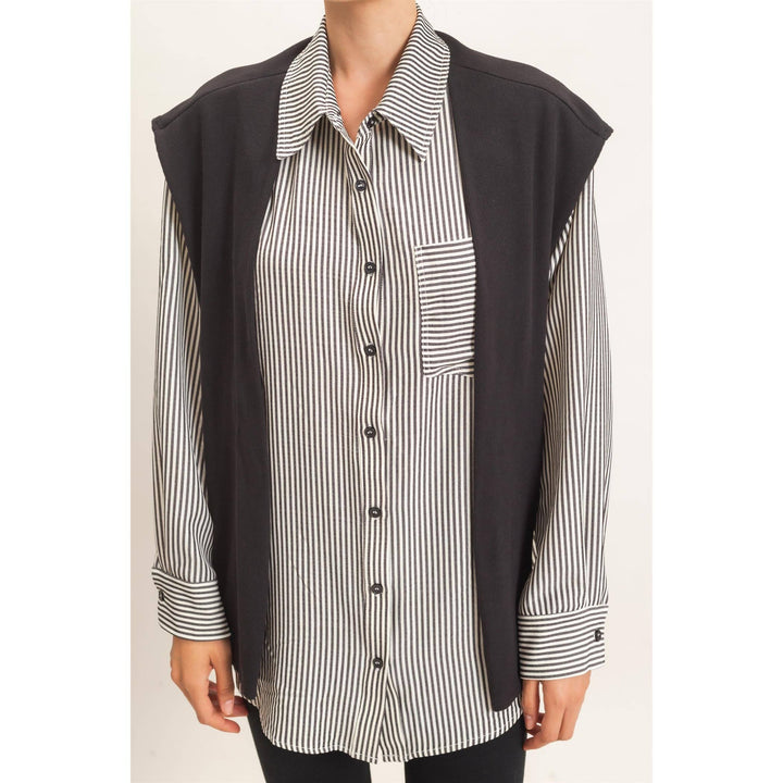 Striped Button-Up Shirt With Faux Tie