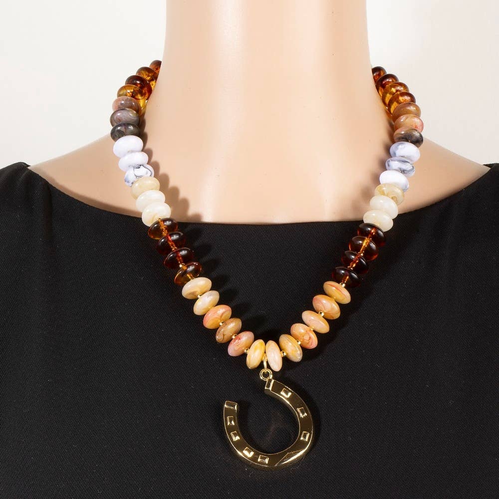 Gold Horse Shoe Pendant Marble Resin Disc Beaded Necklace