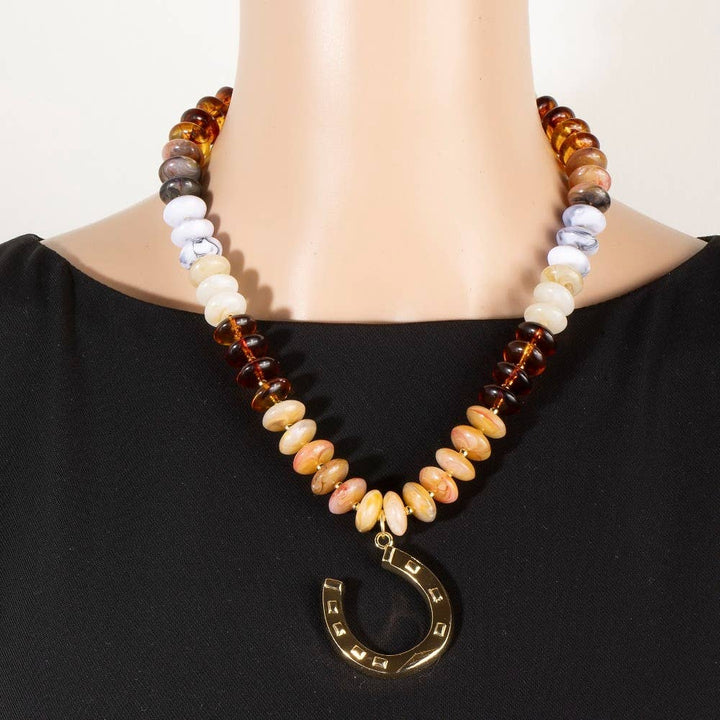 Gold Horse Shoe Pendant Marble Resin Disc Beaded Necklace