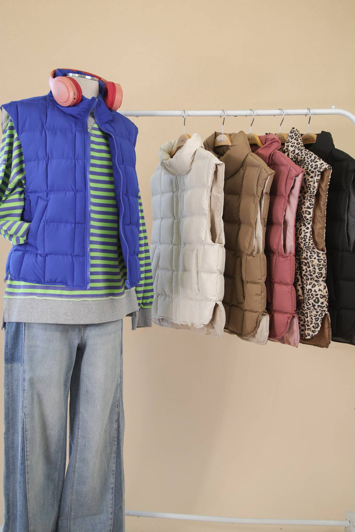 NJ90282-Solid & Leopard Puffer Padded Warm Vest