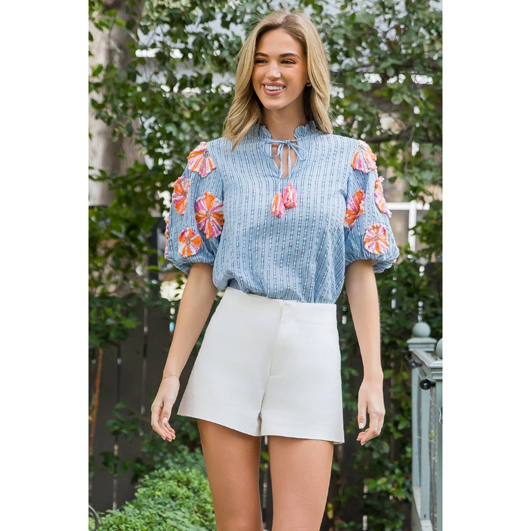 Puff Sleeve Embroidered Tassel Stripe Top
