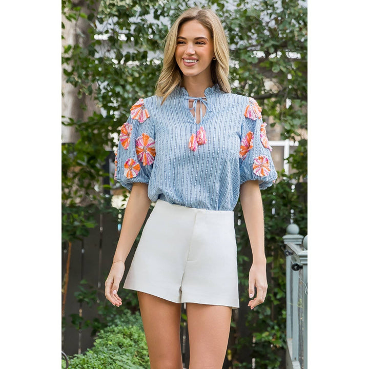 Puff Sleeve Embroidered Tassel Stripe Top