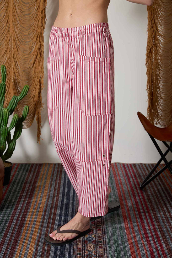 STRIPE POCKET DETAIL WIDE LEG PANTS Berry