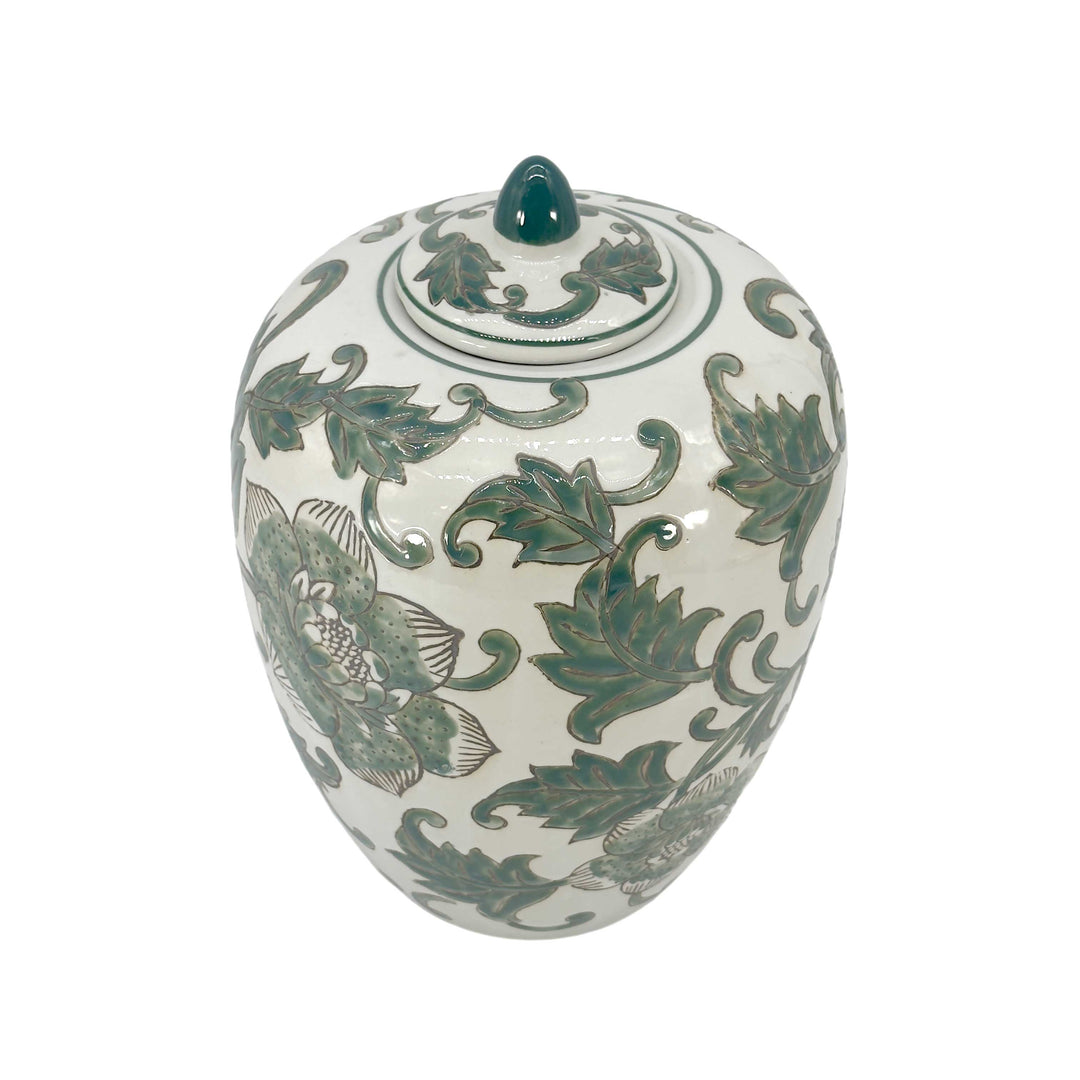 Green & White Floral Ceramic Chinoiserie Ginger Jar 11"