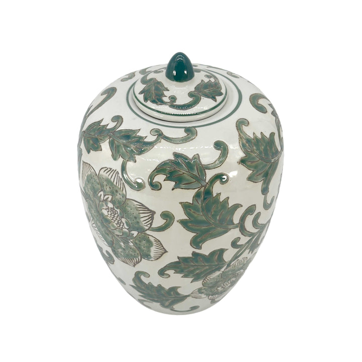 Green & White Floral Ceramic Chinoiserie Ginger Jar 11"