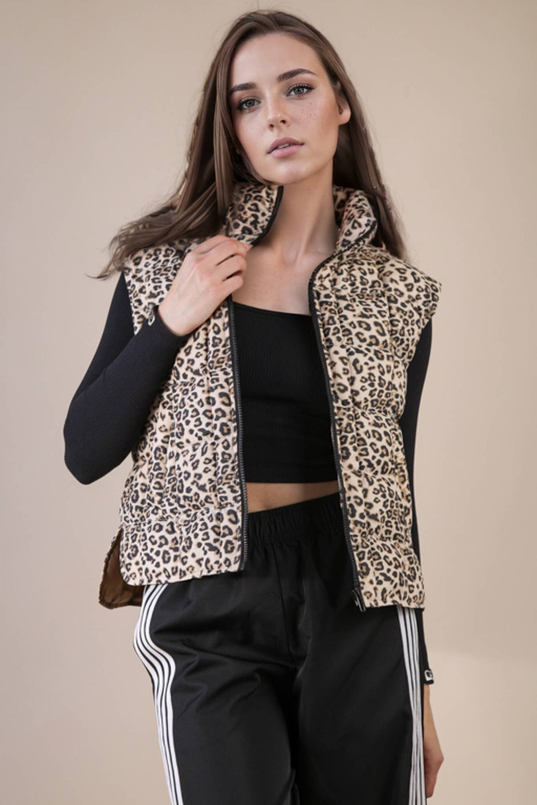 NJ90282-Solid & Leopard Puffer Padded Warm Vest