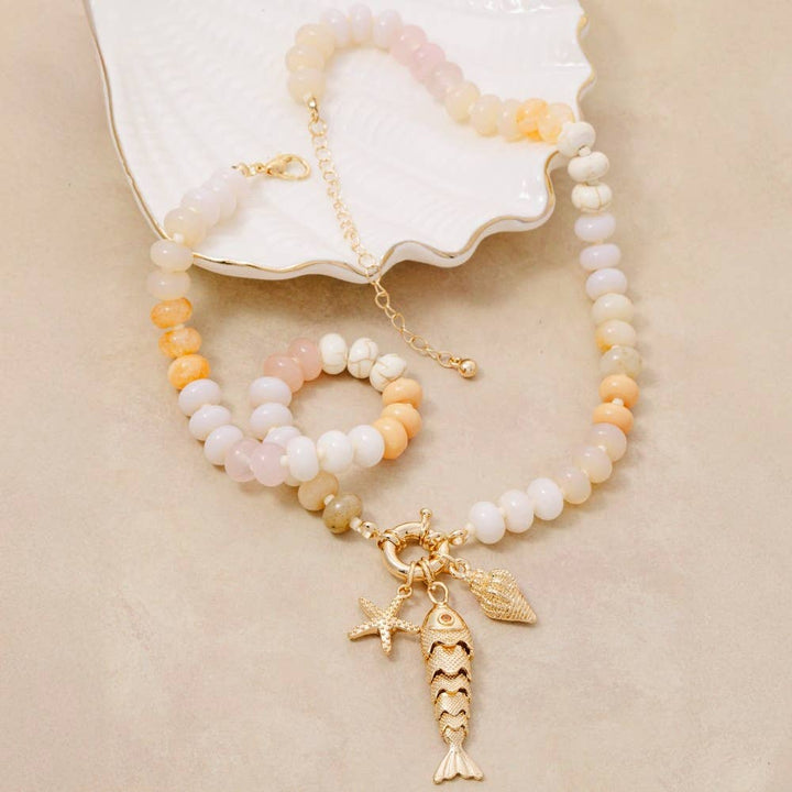 Mixed Sea Life Pendants Semi Precious Stone Beaded Necklace