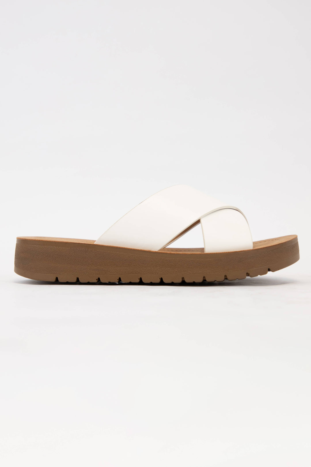 LUCY LIGHT-WEIGHT WEDGE PLATFORM CROSS STRAP SLIDE SANDAL