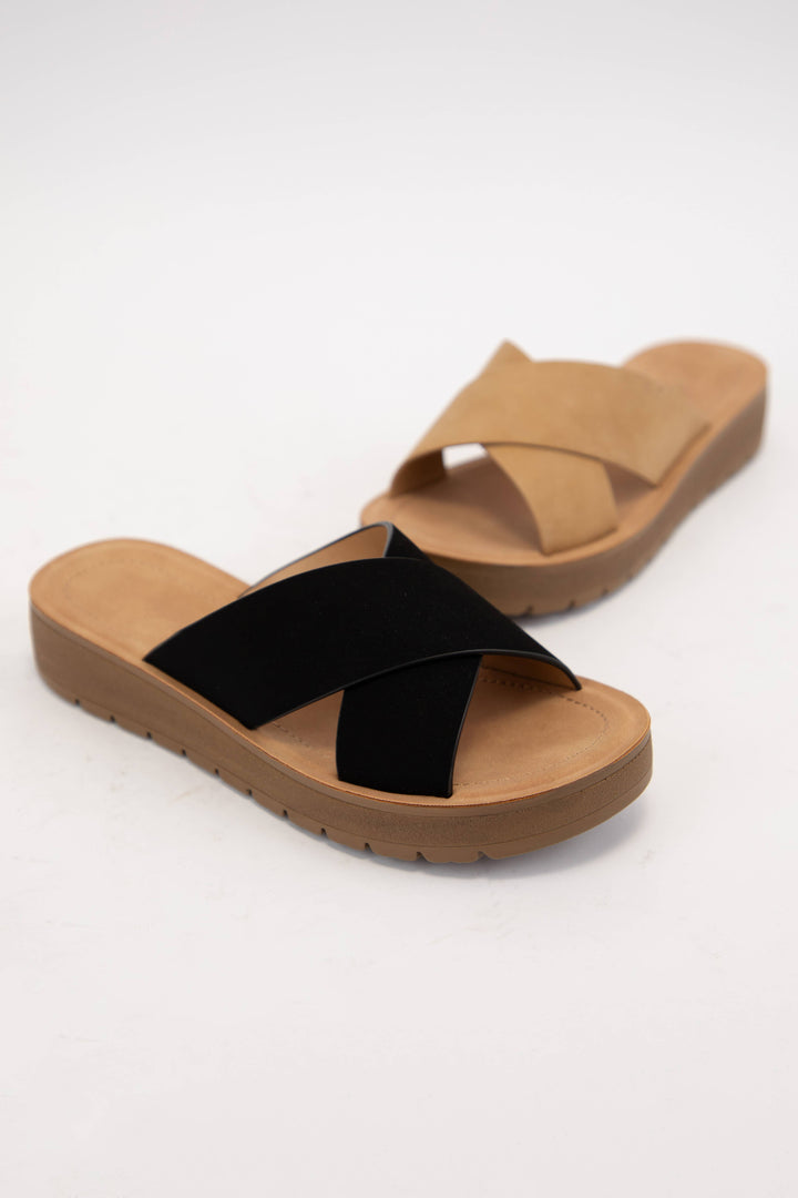 LUCY LIGHT-WEIGHT WEDGE PLATFORM CROSS STRAP SLIDE SANDAL