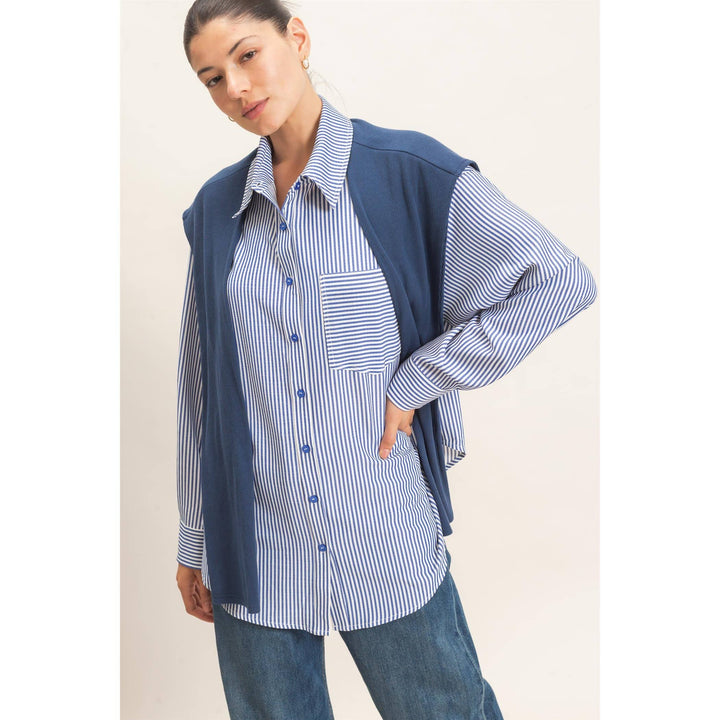 Striped Button-Up Shirt With Faux Tie