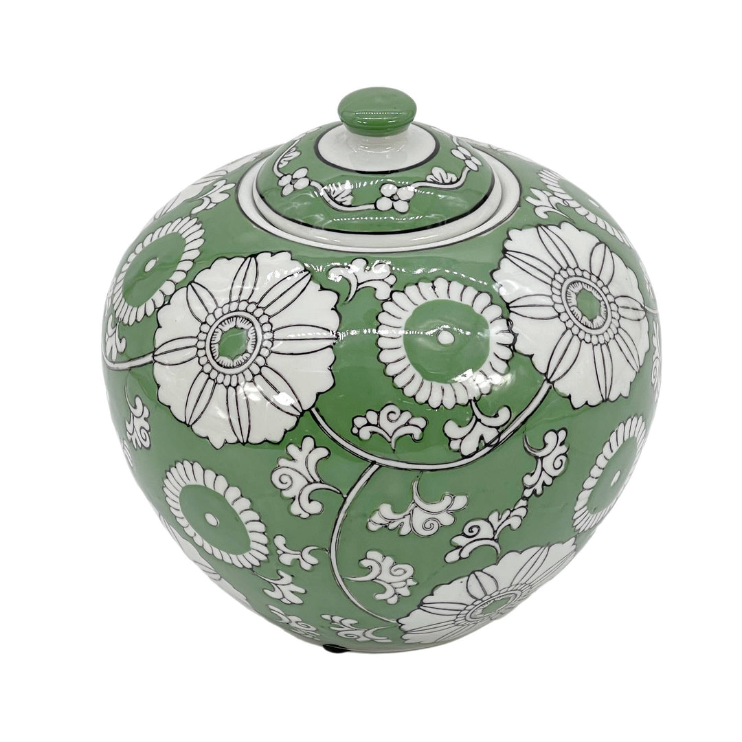 Green & White Floral Ceramic Chinoiserie Ginger Jar 8"