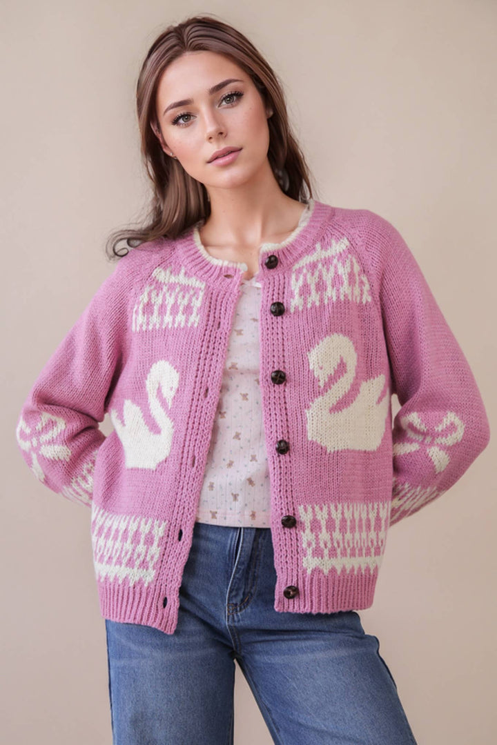 Very J Oversized Graphic Swan Sweater Cardigan