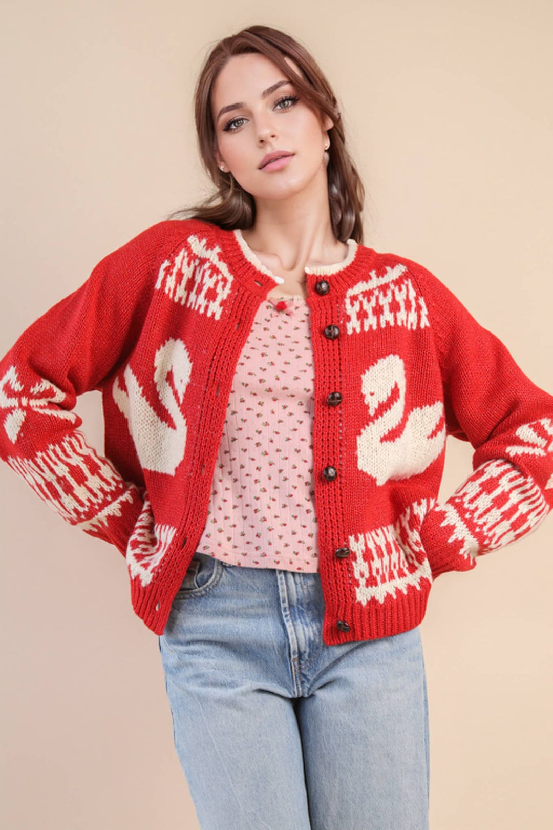 Very J Oversized Graphic Swan Sweater Cardigan