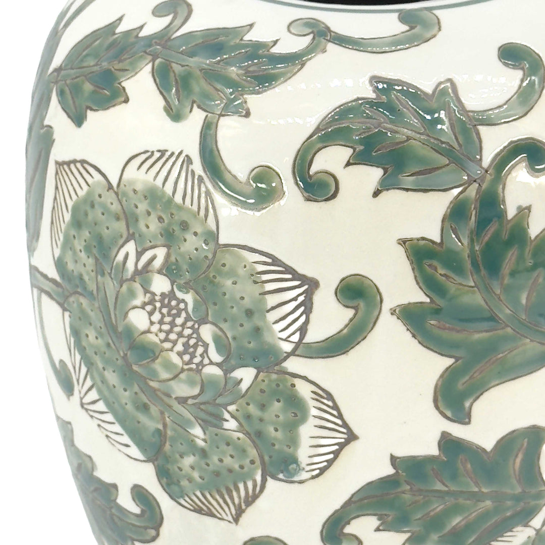 Green & White Floral Ceramic Chinoiserie Ginger Jar 11"