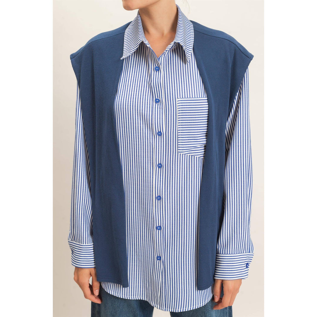 Striped Button-Up Shirt With Faux Tie