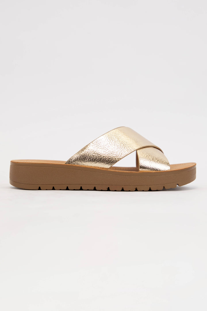 LUCY LIGHT-WEIGHT WEDGE PLATFORM CROSS STRAP SLIDE SANDAL