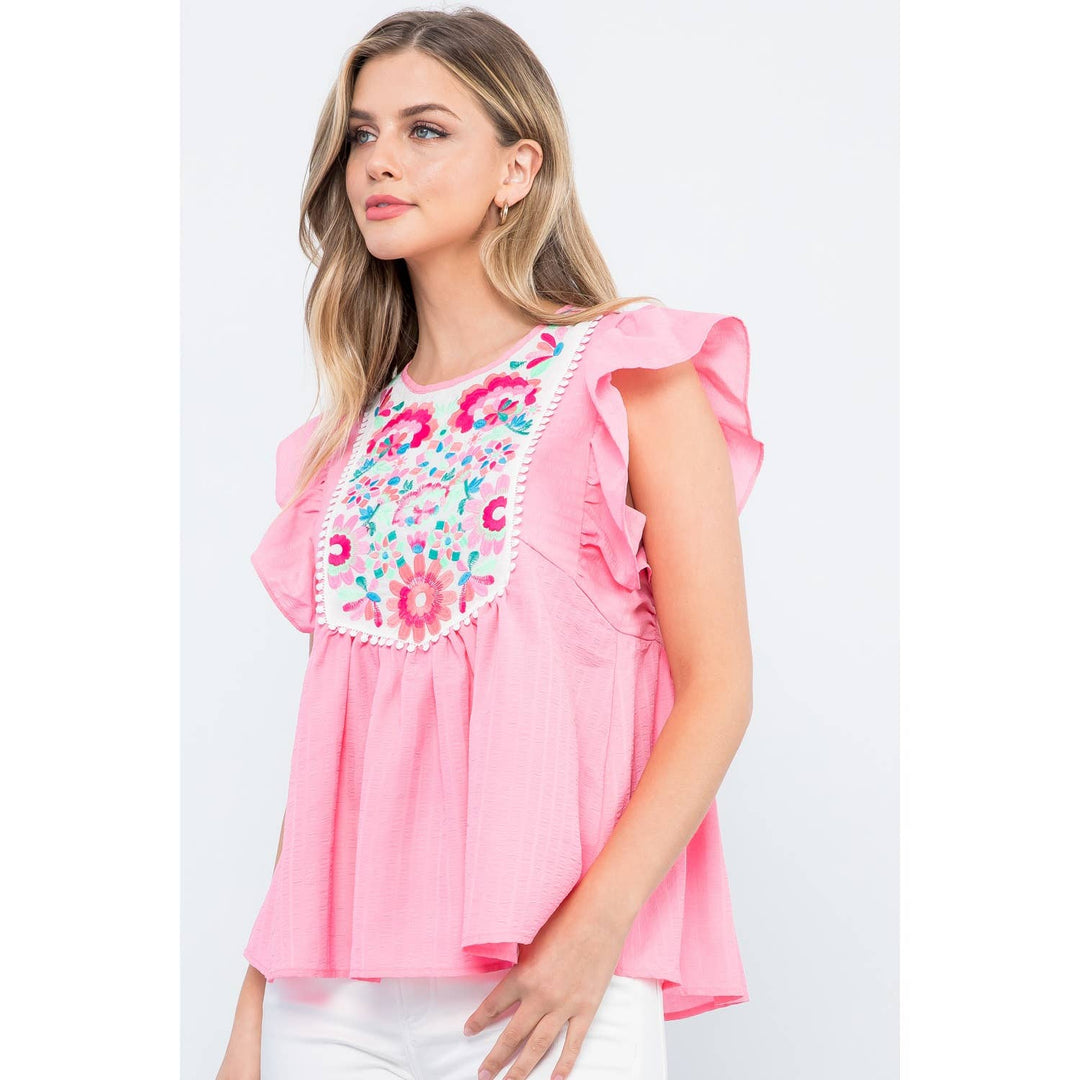 Embroidered Flutter Sleeve Top