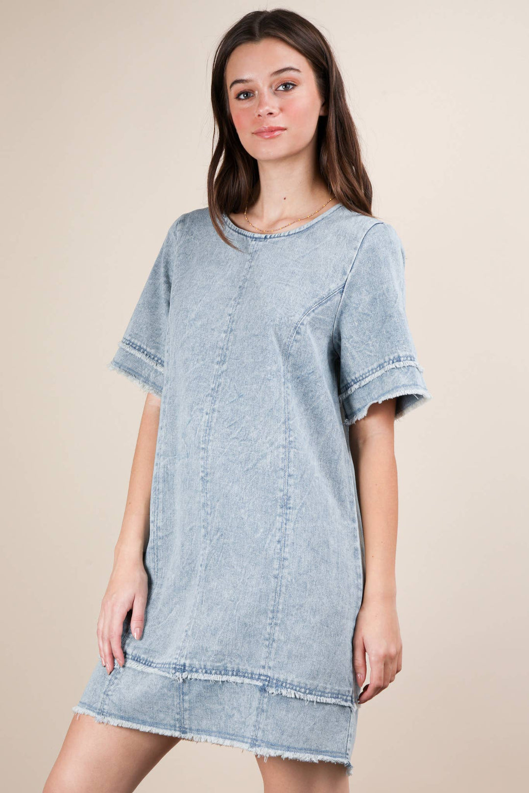 ND31576-Washed Denim Shift Mini Dress