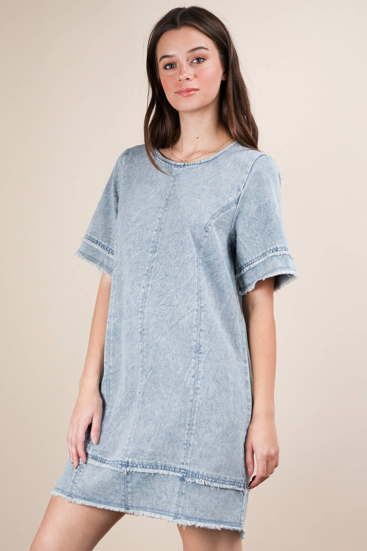 ND31576-Washed Denim Shift Mini Dress