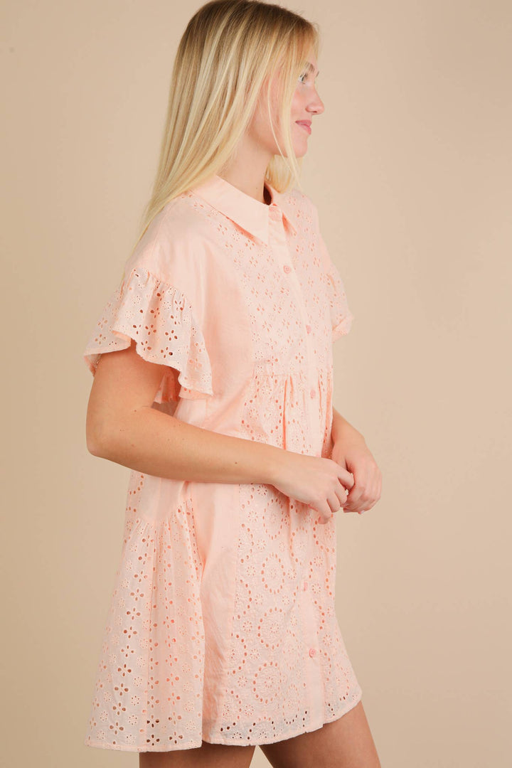 ND31658-Mixed Cotton Eyelet Lace Ruffled Mini Shirt Dress