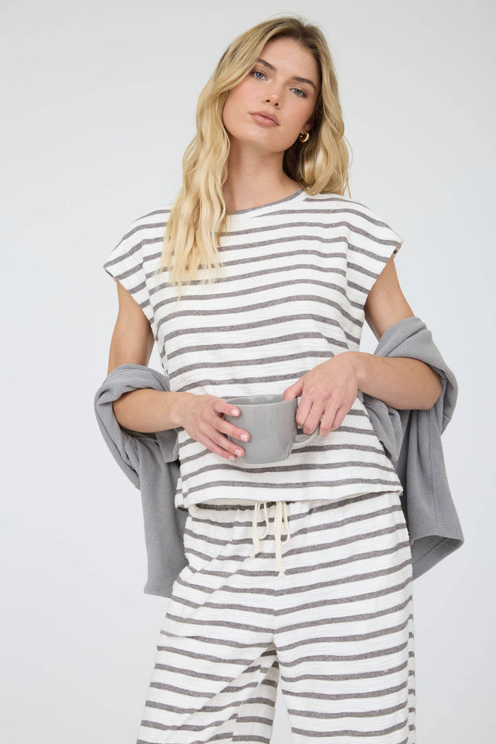 STRIPE ROUND NECK SHORT SLEEVE KNIT TOP & PANT SET