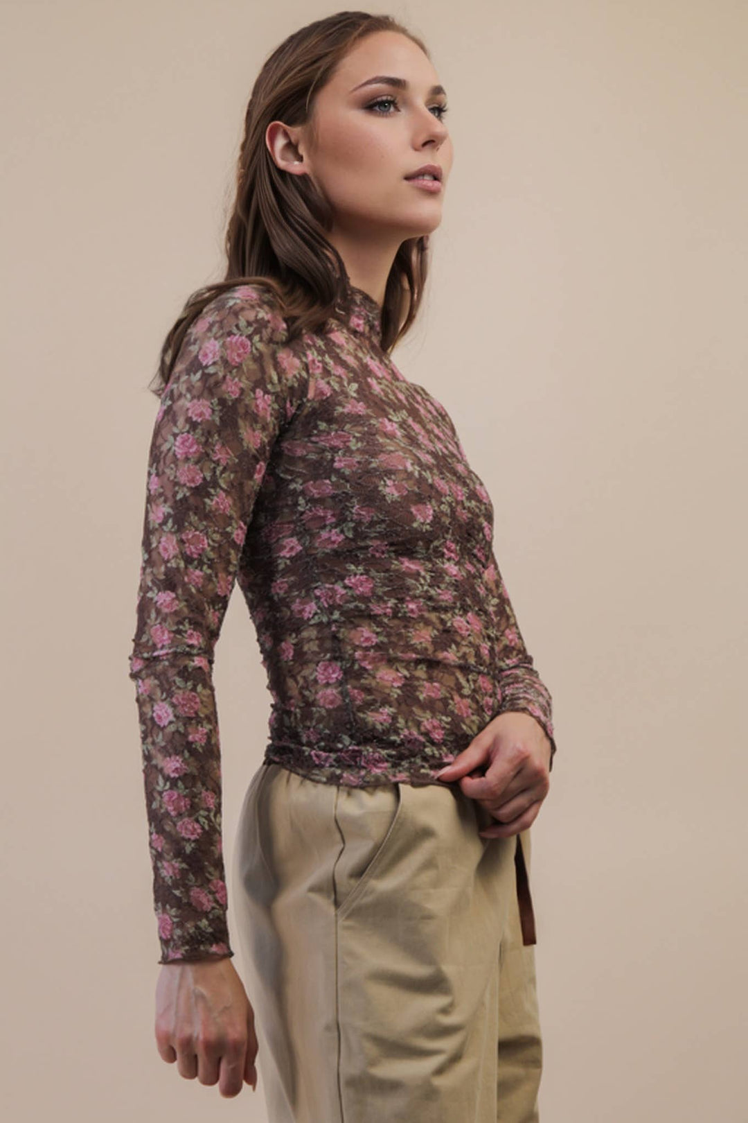 Very J Fitted Sheer Mesh Lace Top