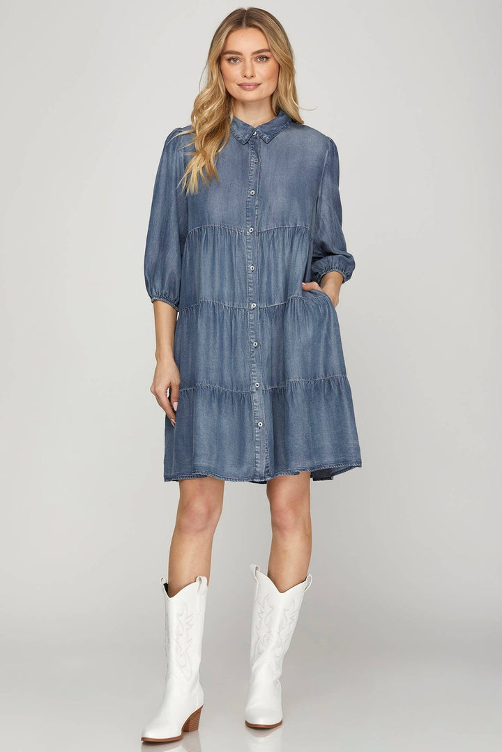 PL6065 - CHAMBRAY TIERED BUTTON DOWN DRESS