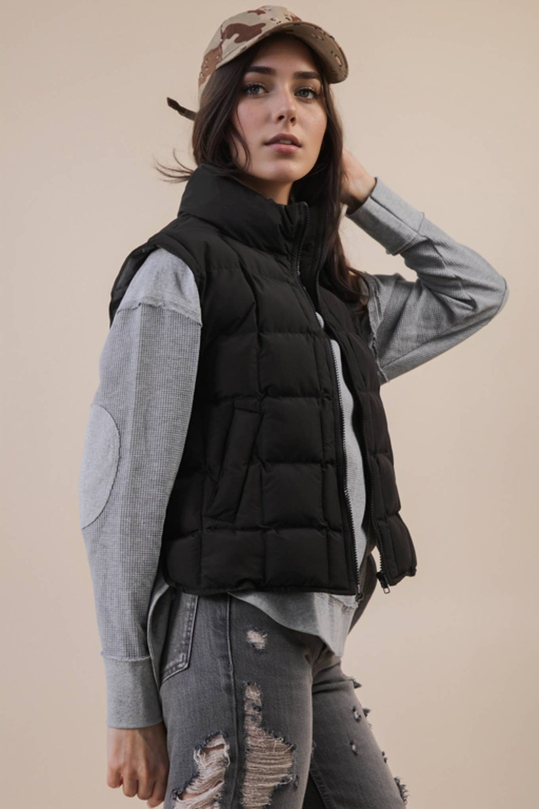 NJ90282-Solid & Leopard Puffer Padded Warm Vest