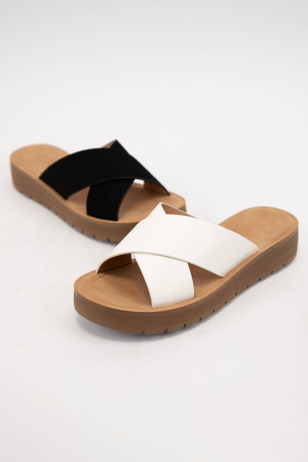 LUCY LIGHT-WEIGHT WEDGE PLATFORM CROSS STRAP SLIDE SANDAL