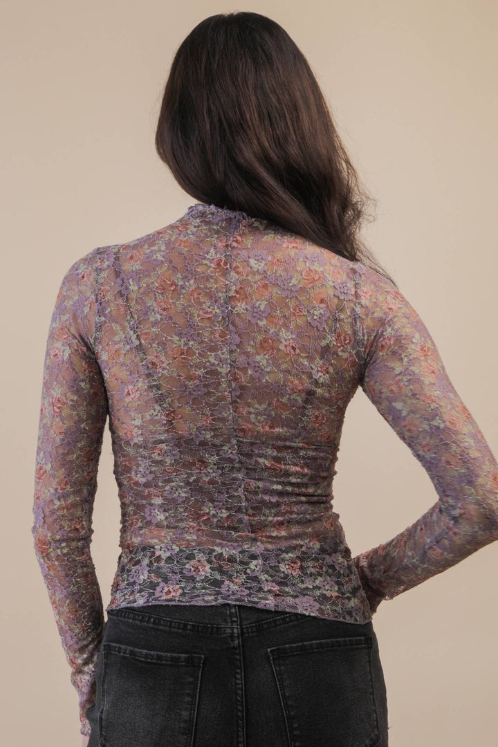 Very J Fitted Sheer Mesh Lace Top