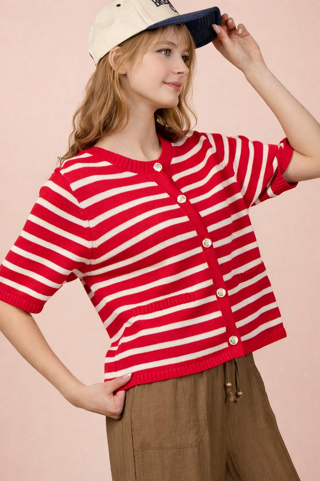 Stripe Button Down Knit Sweater Top Kelly Green