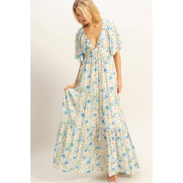Floral V-Neck Flowy Tiered Maxi Dress