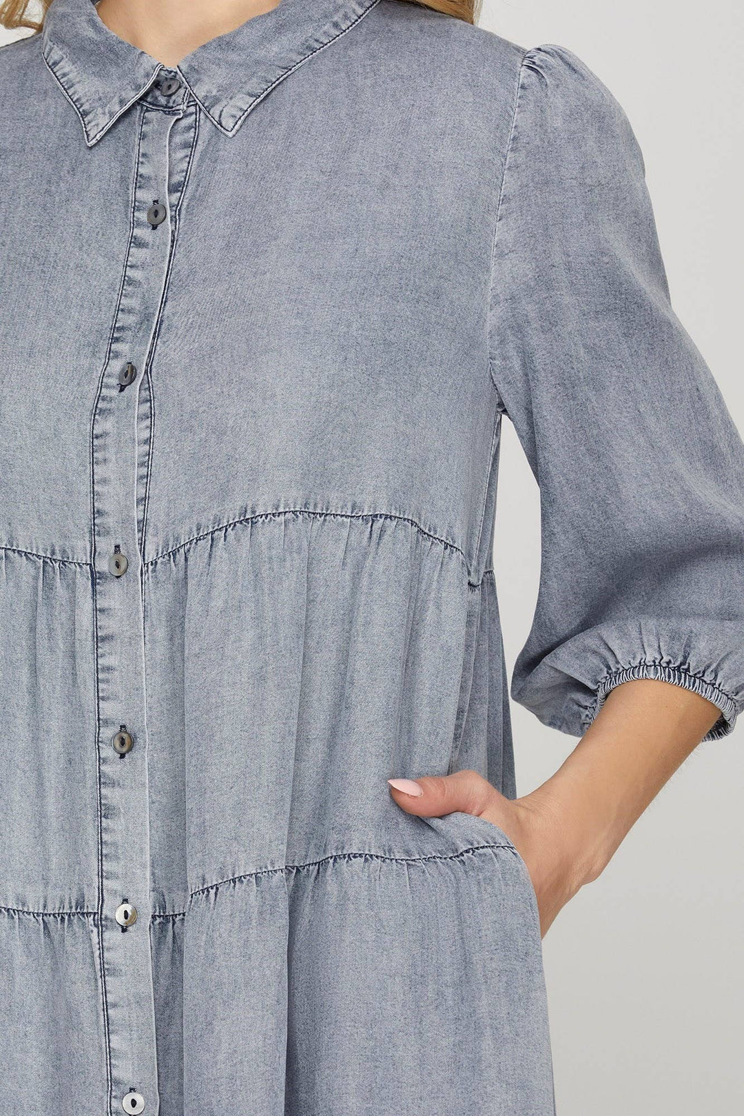 PL6065 - CHAMBRAY TIERED BUTTON DOWN DRESS