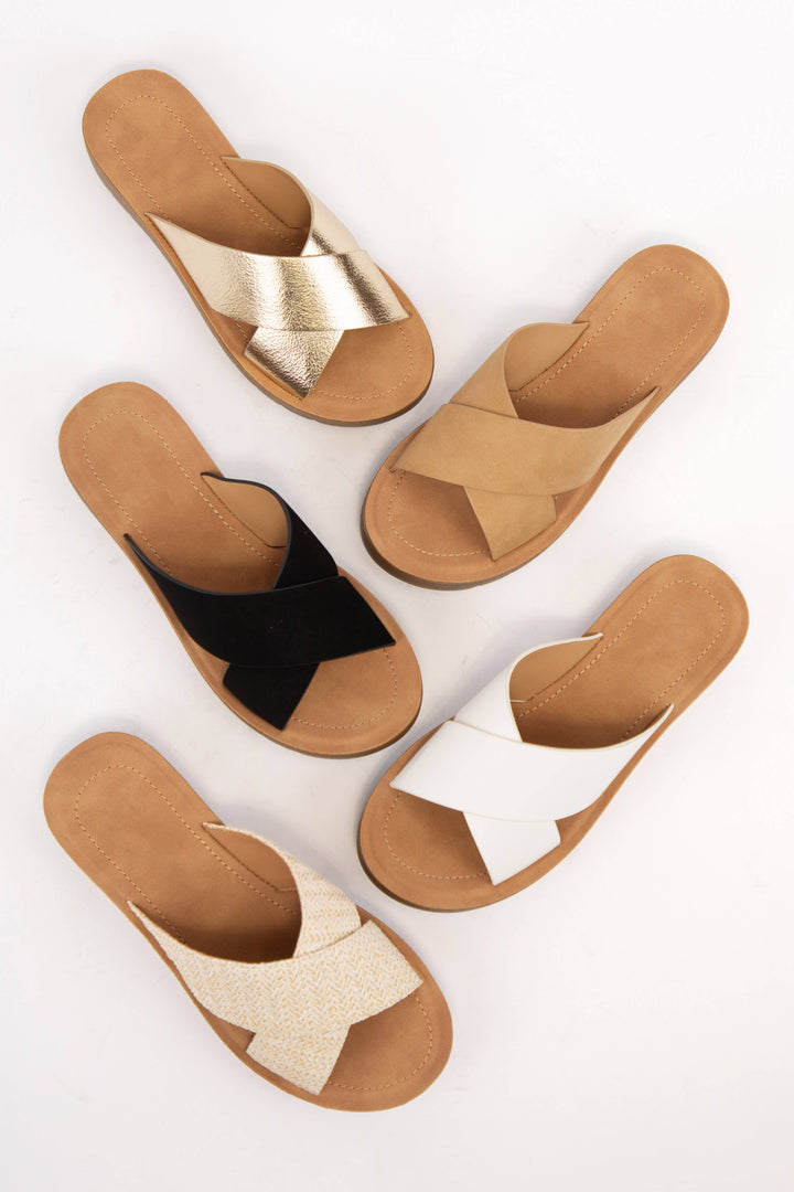 LUCY LIGHT-WEIGHT WEDGE PLATFORM CROSS STRAP SLIDE SANDAL
