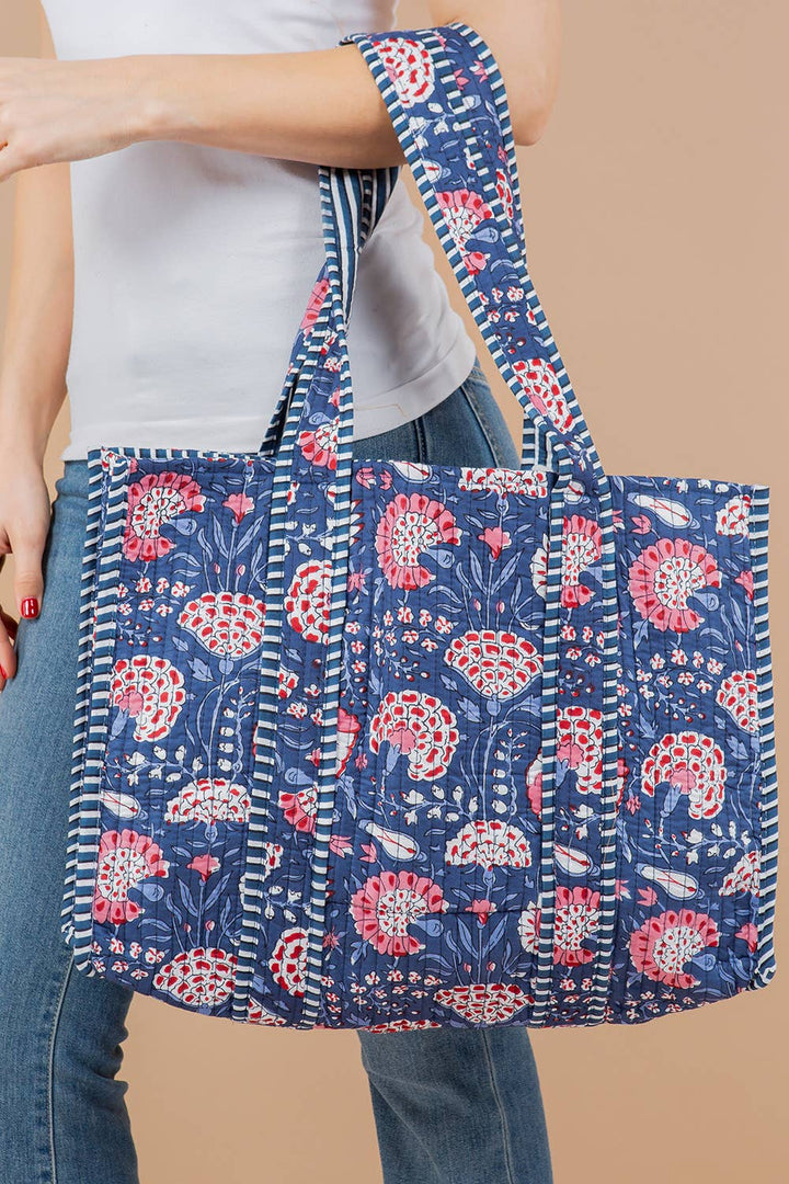 Blue Floral Quilted Tote Bag